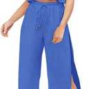 FANCYINN Womens 2 Pieces Outfits Deep V Neck Crop Top Side Slit Drawstring Wide Leg Pants Set Jumpsuits (Blue, XS)