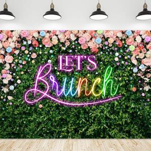 Riyidecor Green Leaves Let's Brunch Backdrop Polyester Fabric Neon Pink Rainbow Floral 7Wx5H Feet Greenery Photography Background Grass Lawn Women Brunch Party Photo Studio Shoot