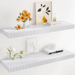 24" Floating Shelves for Wall, Wall Mounted Wood Shelves for Bathroom, Bedroom, Living Room, Kitchen, Hanging Shelf with Invisible Brackets for Storage, Books, Home Decor (White, Set of 2)