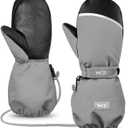 MCTi Kids Mittens Waterproof Winter Ski Warm Sherpa Lined Long Cuff with String (Small, Grey)