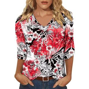 KISSMODA Tops for Women 2025 3/ 4 Length Sleeve T-Shirts Dressy Casual Loose V-Neck Sleeve Tunic Blouses Floral Red, 3XL