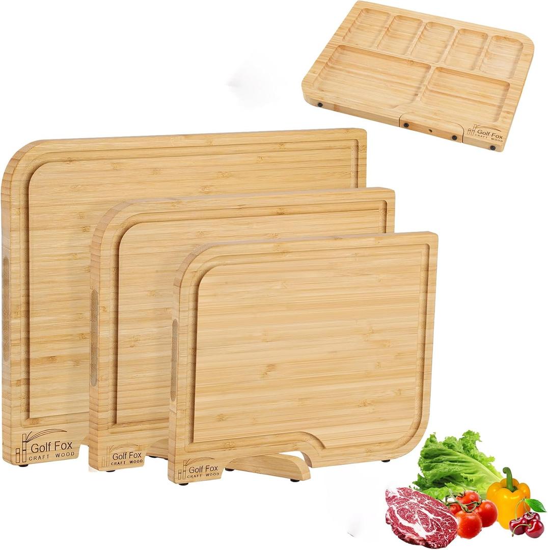 3-PCS Bamboo Cutting Board Set, Wood Cutting Board for Kitchen with Innovative Stand, Juice Groove & Handle, Double Sided for Chopping & Charcuterie Board, Kitchen Gift for Home Cooks, For Meat &Fruit (Natural)