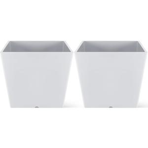 Set of 2 10 Inch Large Taper Planters Outdoor Indoor Tall Resin Flower Pots with Drainage Holes Modern for Front Porch Patio Backyard Plants (White)