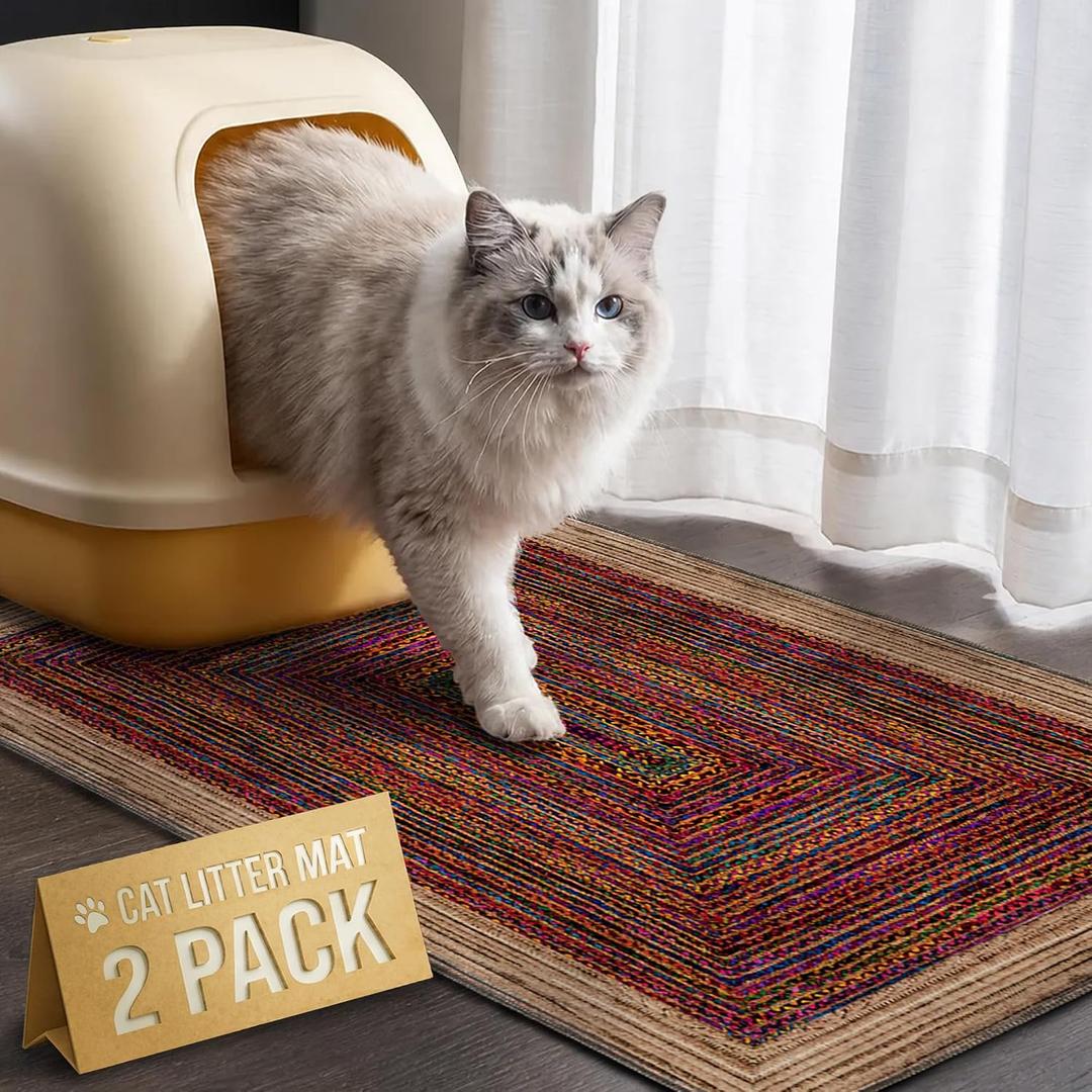 Cat Litter Mat 2 Pack, 24"x36" Litter Trapping Mats for Litter Box, Non-Slip, Super Absorbent & Urine Proof, Machine Washable, Reusable Pee Pads for Cats, Dogs, Rabbits and Guinea Pigs
