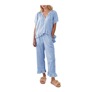 COZYPOIN Womens Gingham Pajama Set 2 Piece Plaid Cotton Pjs Cute Ruffle Sleepwear Maternity Bridesmaid Pajamas Loungewear, size XL