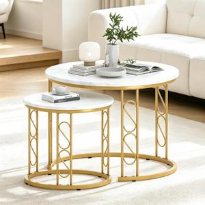 Garden 4 you Coffee Table Faux Marble Nesting Table for Small Place 2 Sets Modern Furniture Living Room Sets End Side Table Night Stand for Bed Room Dining Room (White & Gold), 23.6 x 17.7 inches