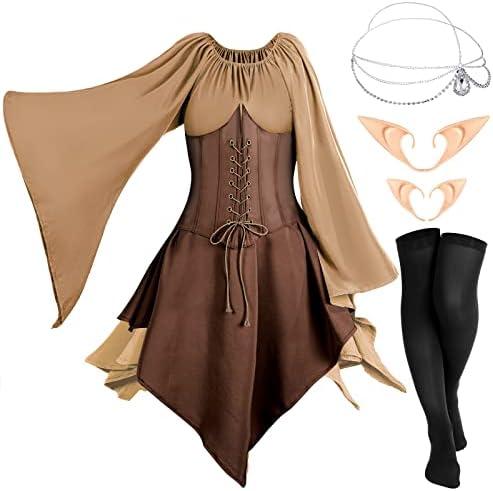 Eurzom 5 Pcs Medieval Fairy Costume Set Women Renaissance Dress Elf Girl Cosplay Ears Accessories Rhinestone Drop Headpiece(Khaki, Coffee, Small)  