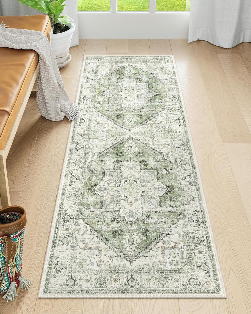 LIVEBOX Washable Runner 2x6 - Vintage Tribal Kitchen Rug, Long Entryway, Low-Pile for Bedroom, Non-Skid Soft Carpet Throw for Bathroom Laundry Room Hallway Sage