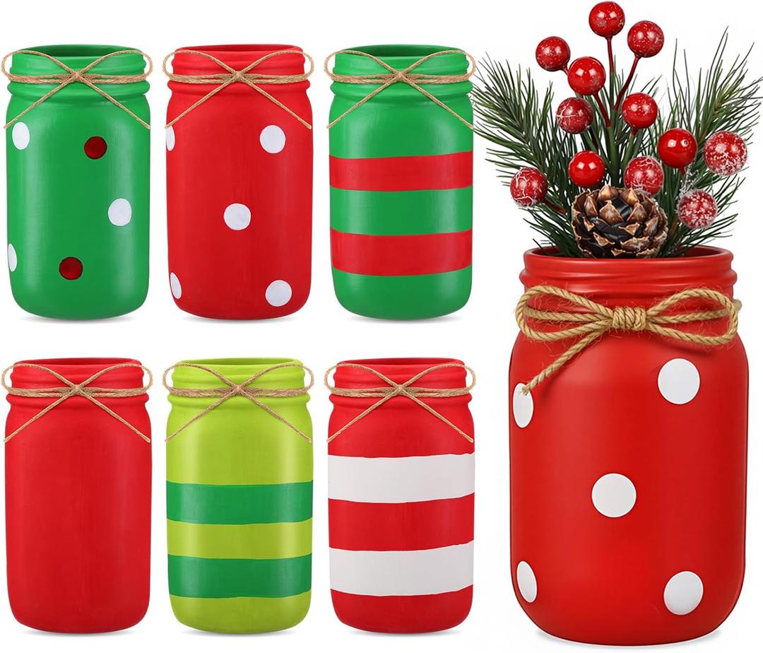 Zhehao 6 Pack Christmas Centerpieces for Tables, Red and Green Ceramic Mason Jars Table Decor with Bow Twine Christmas Winter Tiered Tray Decoration Kitchen Utensils Holder for Xmas Holiday DIY Home