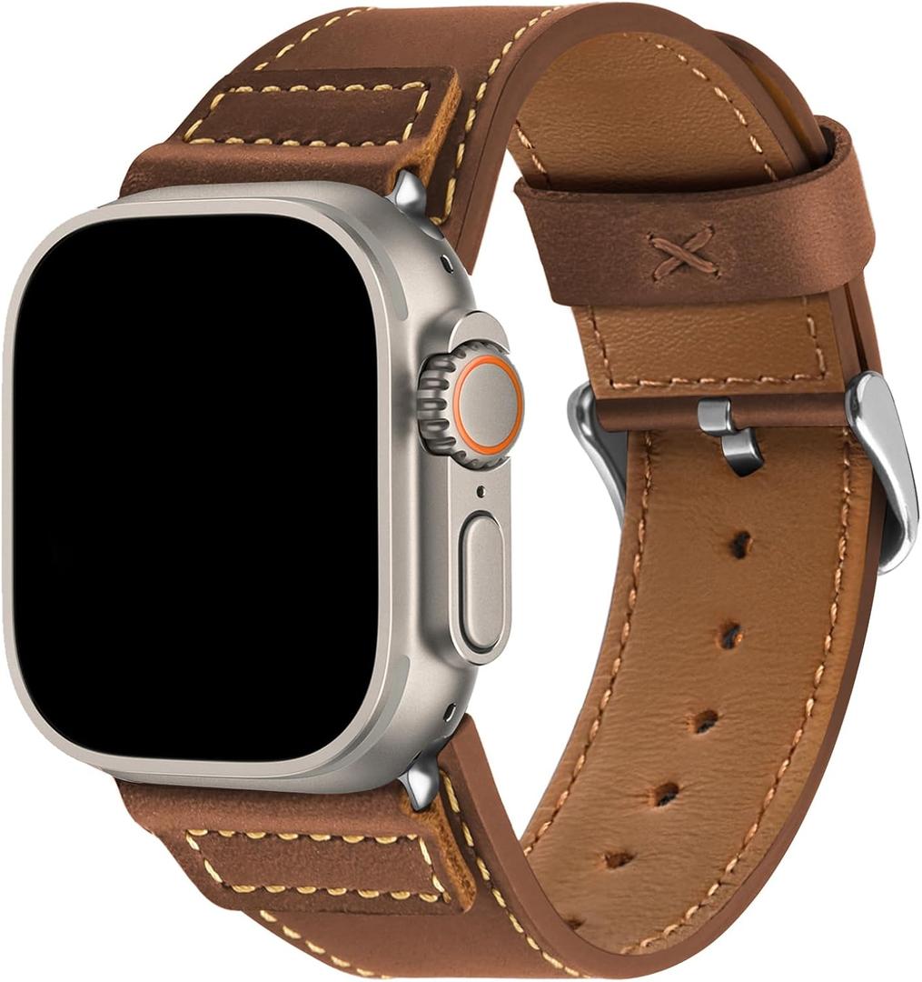Wristitani Leather Bands Compatible With Apple Watch Band for Men, Top Genuine Leather Replacement Strap for iWatch Ultra2 Ultra Series 10 9 8 7 SE2 SE 6 5 4 3 (Dark Brown/Silver Buckle), Size: 49/46/45/44/42mm(Series 3)