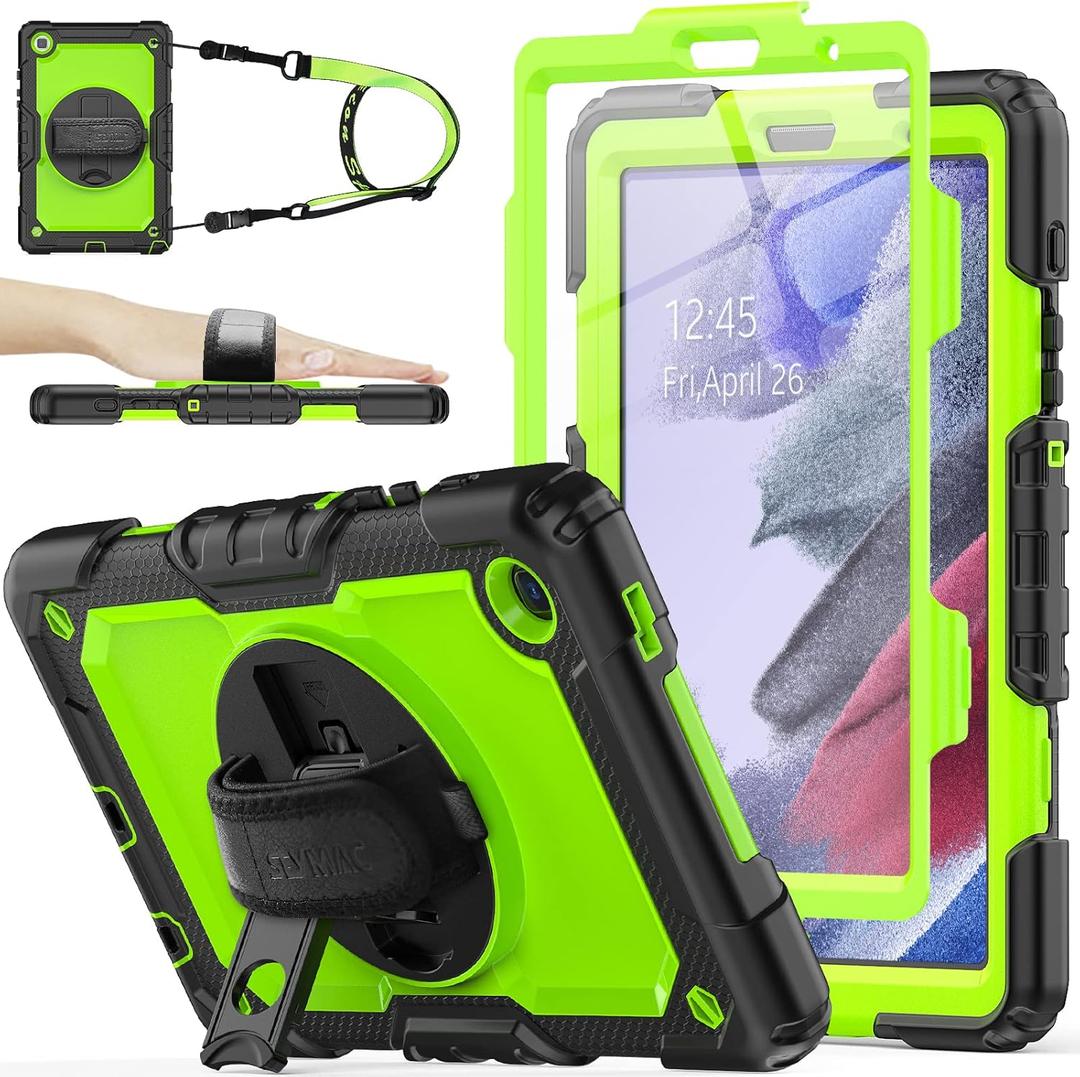 SEYMAC stock Case for Samsung Galaxy Tab A7 Lite 8.7'' with Screen Protector Pencil Holder [360 Rotating Hand Strap] &Stand, Drop-Proof Case for Samsung A7 Lite 2021 SM-T220/T225/T227, Green/Black