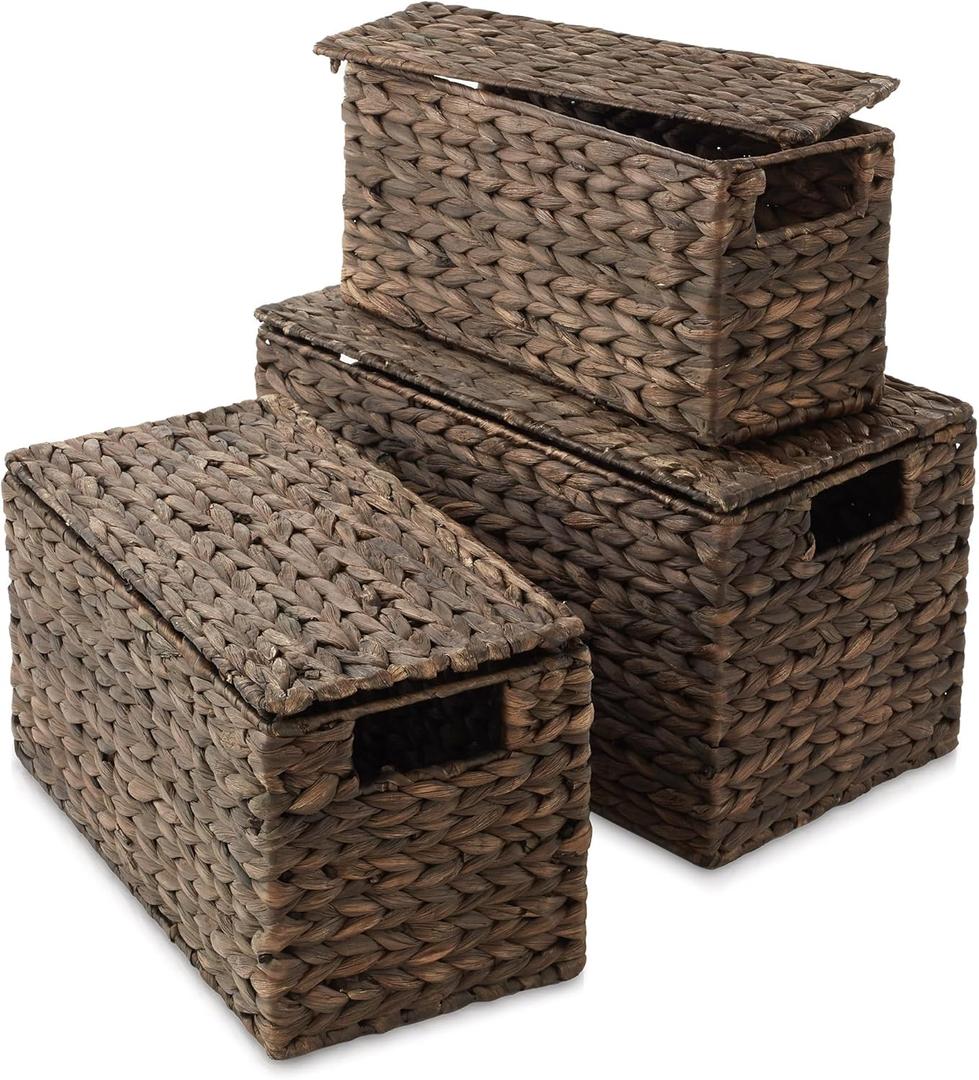 Set of 3 Water Hyacinth Storage Baskets with Lids, Espresso - Small, Medium, Large Woven Nesting Bins for Bathroom, Bedroom, Closets, Shelves