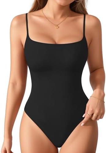 MANGOPOP Women's Cami Thong Bodysuit Double Lined Square Neck Backless Body Suit Adjustable Spaghetti Strap Tank Tops size S