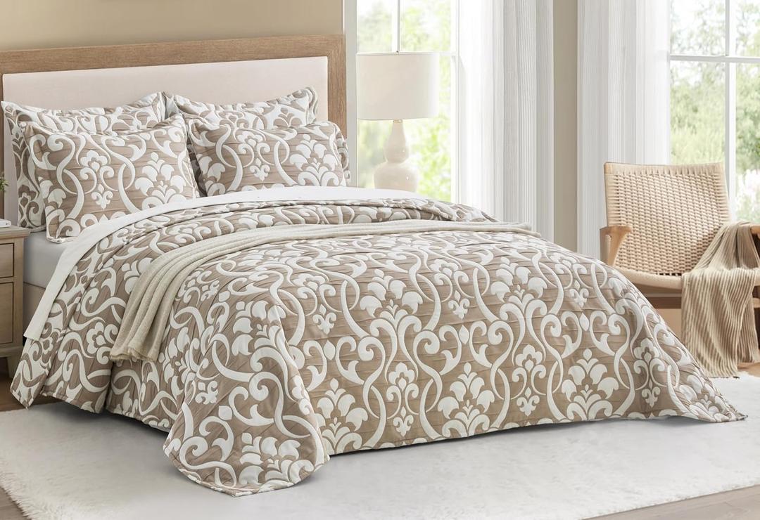 Chezmoi Collection Oversized Bedspread 128x106, Jacquard Matelasse Floral Damask Design, 5-Piece Lightweight Reversible Microfiber Bedding Coverlet Set for All Season, Oversized King, Taupe/White