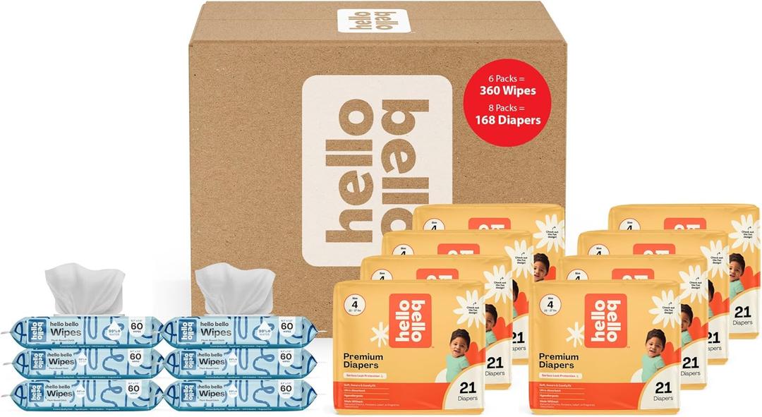 Hello Bello Mega Surprise Pack, Size 4 (22-37 lbs), 168ct Hypoallergenic Assorted Diapers with a Soft, Cloth-Like Feel Plus 360 Ultra Gentle Unscented Baby Wipes in 6 Resealable Packs (Multi-color)