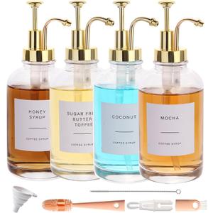 Coffee Syrup Dispenser-4pack,16.9 oz 500ml,Coffee Bar Accessories,Syrup Pump Dispenser for Coffee Bar,Contains Cleaning Tools, Funnel (Gold)