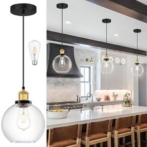 Bagood Globe Pendant Lighting with Clear Glass Gold and Black Light Fixture Globe Pendant Lighting Mid Century Modern Hanging Light Fixture for Sink Bathroom Entryway Kitchen Island (Bulb Incl.)