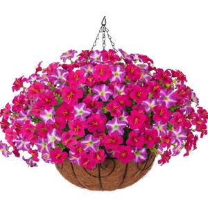 INSPRING Artificial Hanging Flowers for Outdoors Baskets Fake Plants Outdoor Decoration, UV Resistant Faux Silk Morning Glory in Planter Look Real for Outside Patio Porch Balcony Garden Home Decor (Mix Fuchsia)