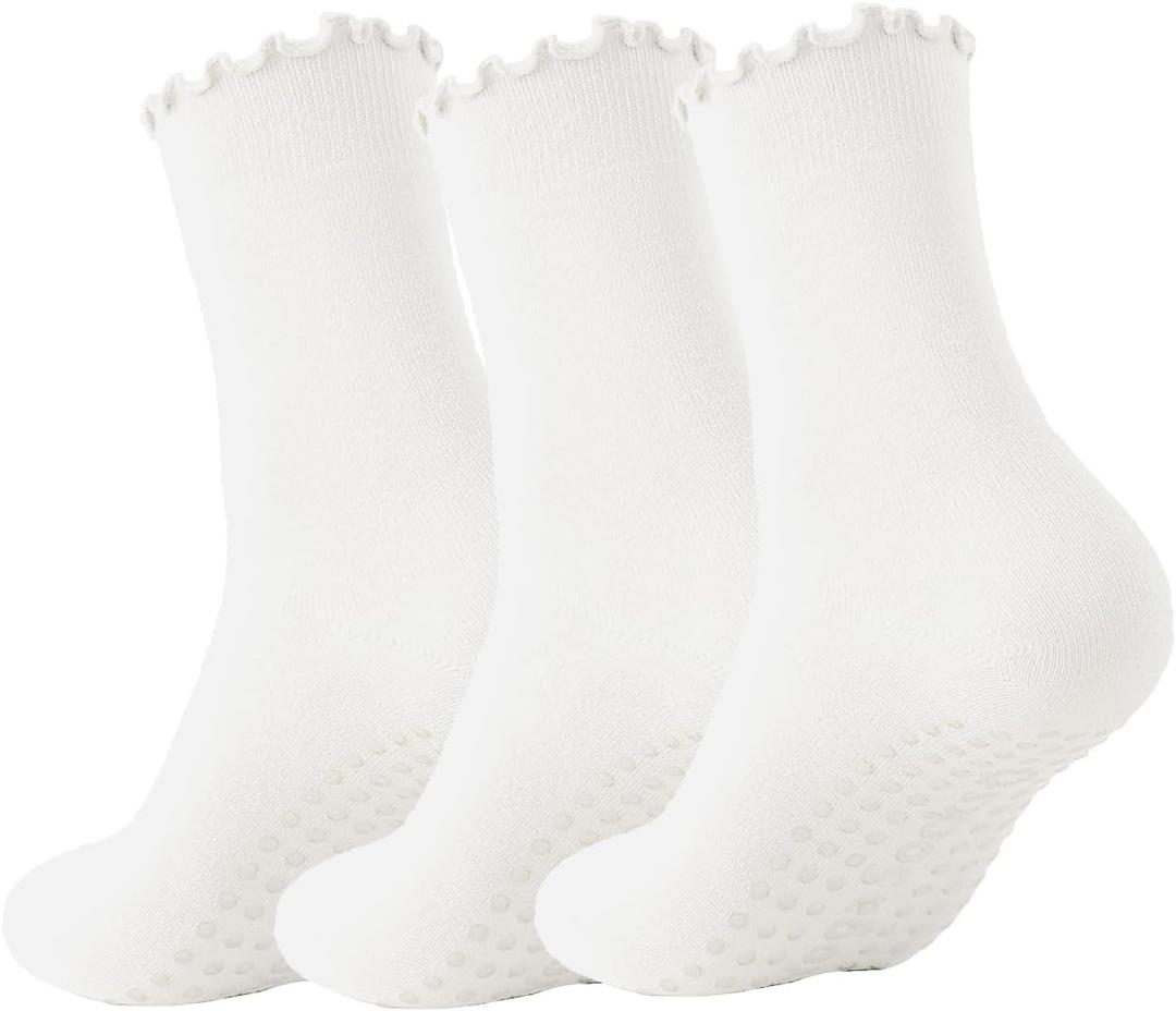 3 Pairs Pilates Socks with Grips Non-slip Ruffle Yoga Sock Grip Sock for Women (Socks Set 4)