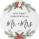 PDE-QUNLIAN First Married Christmas Ornament 2025, 1st Year Wedding Ornament, Ceramic Hanging Decoration for Couples Just Married with Gift Box & Ribbon, 2.9" (Mr&mrs-festive Christmas)