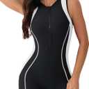 beautyin Athletic One Piece Swimsuits Women Front Zip Modest Boyleg Bathing Suit (Large, White/Black)