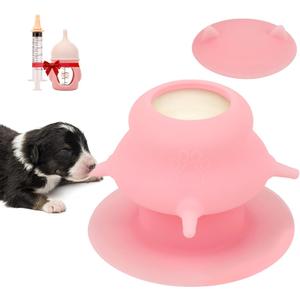 Puppy Milk Feeder,Dispenser Food Grade Silicone with 4 Dummy Nipples 230ml Capacity,Leak Proof Ideal Height Strong Suction,Puppy Milk Feeding Station for Newborn Dogs(Pink)