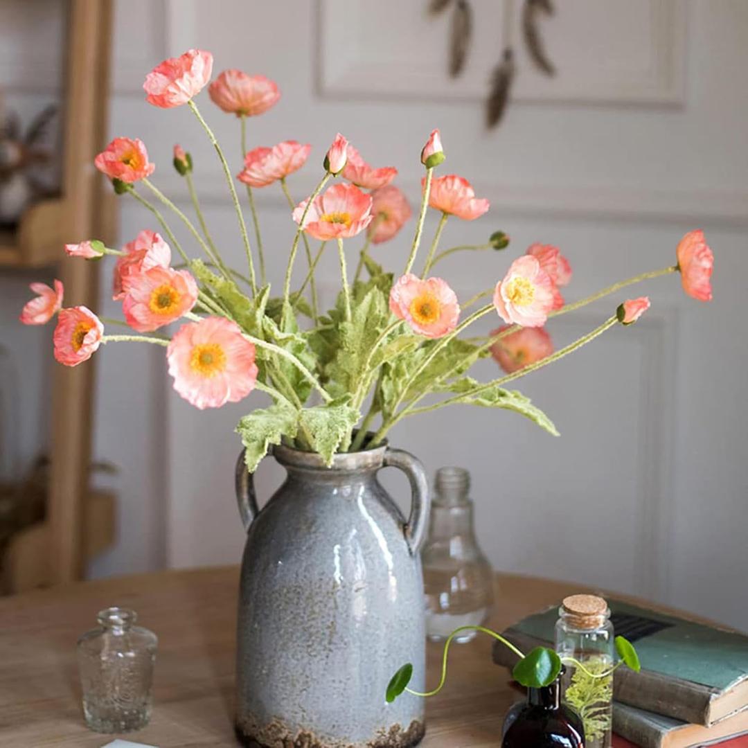 DUYONE Artificial Flowers 6 Stems Poppy Silk Bouquet,for Wedding, Home, Party Decoration,Table Centerpiece Arrangement(Orange Pink 6pcs)