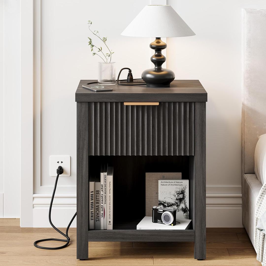 Fluted Nightstands with Charging Station, Brooklyn Night Stand with Drawer, Modern Beside Table with Open Shelf, Large End Table, Wood Side Table for Bedroom (1, Grey with Charging Station) BNS101BGE, 19.4 X 15.7 X 24.8 Inches