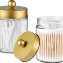Komashr Apothecary Jar Canisters Bathroom Vanity Organizer - Qtip Holder Storage Organizer Countertop -Stainless Steel Lids &Cute Stickers for Qtips,Cotton Swabs,Makeup Sponges,Floss(2 Pack) (Gold)