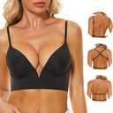 Women Low Back Bras-Invisible Backless Bra-Seamless Secret Plunge No Show Bra Multiway Low Cut Deep-V Halter Bras (30C, Black)
