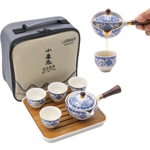 LURRIER Porcelain Chinese Gongfu Tea Set, Portable Teapot Set with 360 Rotation Tea maker and Infuser, Portable All in One Gift Bag for Travel, Home, Gifting, Outdoor and Office (Floral White)