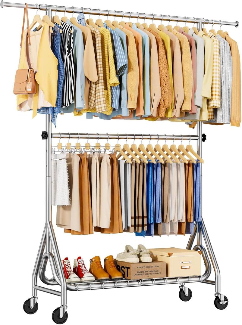 JIEJIERUI Heavy Duty Clothes Rack for Hanging Clothes, Double Rods Clothing Rack with Lockable Wheels, Rolling Garment Racks with Shelf, Easy to Assemble, Silver