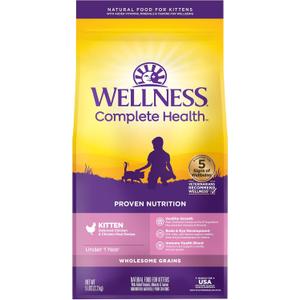 Wellness Complete Health Kitten Dry Cat Food for Indoor & Outdoor Cats, Wholesome Grains, Natural, Original Turkey, Turkey Meal and Chicken (5 Pound Bag) (EXP 03/18/26)