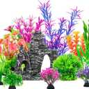 QUOZUO 13 Pcs Aquarium Artificial Plastic Plants Decorations and Resin Barrel, Fish Tank Accessories Hideout Ornaments Aquarium Decor Set