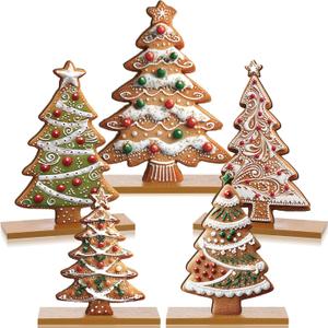 Chunful 5 Pcs Gingerbread Christmas Table Decorations Wooden Gingerbread Tree Decor Christmas Centerpiece Ginger Bread Village Decoration Winter Tiered Tray Decor with Base for Xmas Home Kitchen Shelf