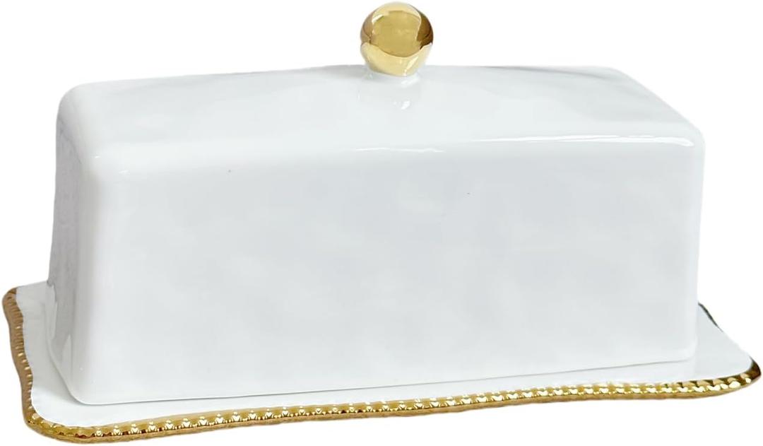 HAN SHENG Ceramic Butter Dish with Lid - Airtight Keeper Countertop Storage Container, Fits East West Coast Butter (3.5" & 4.8" Sticks), Elegant White Kitchen Decor & Gift