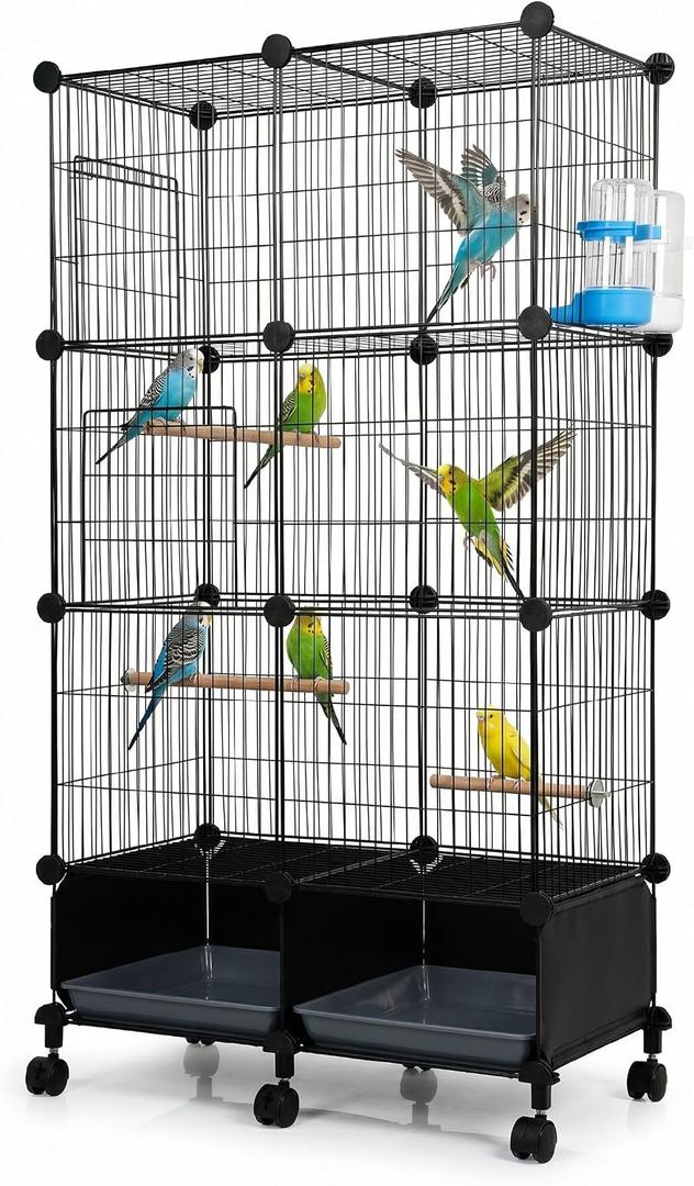 Large Bird Cage with Rolling Stand, 46x24x12 Inch Flight Cage for Parakeets, Cockatiels, Conures, Metal Wire Cage with Wooden Perches, Feeders, Wheels, Black