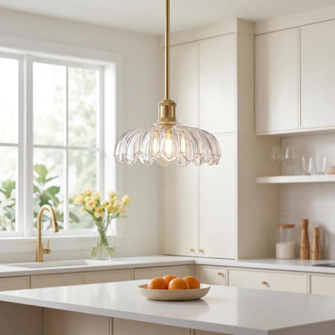 FEMILA 10.4" Gold Pendant Light, Vintage Pendant Lighting with Flower Glass, Pendant Light for Kitchen Island Bedroom Hotel Living Room, 4FJX82MIL BG