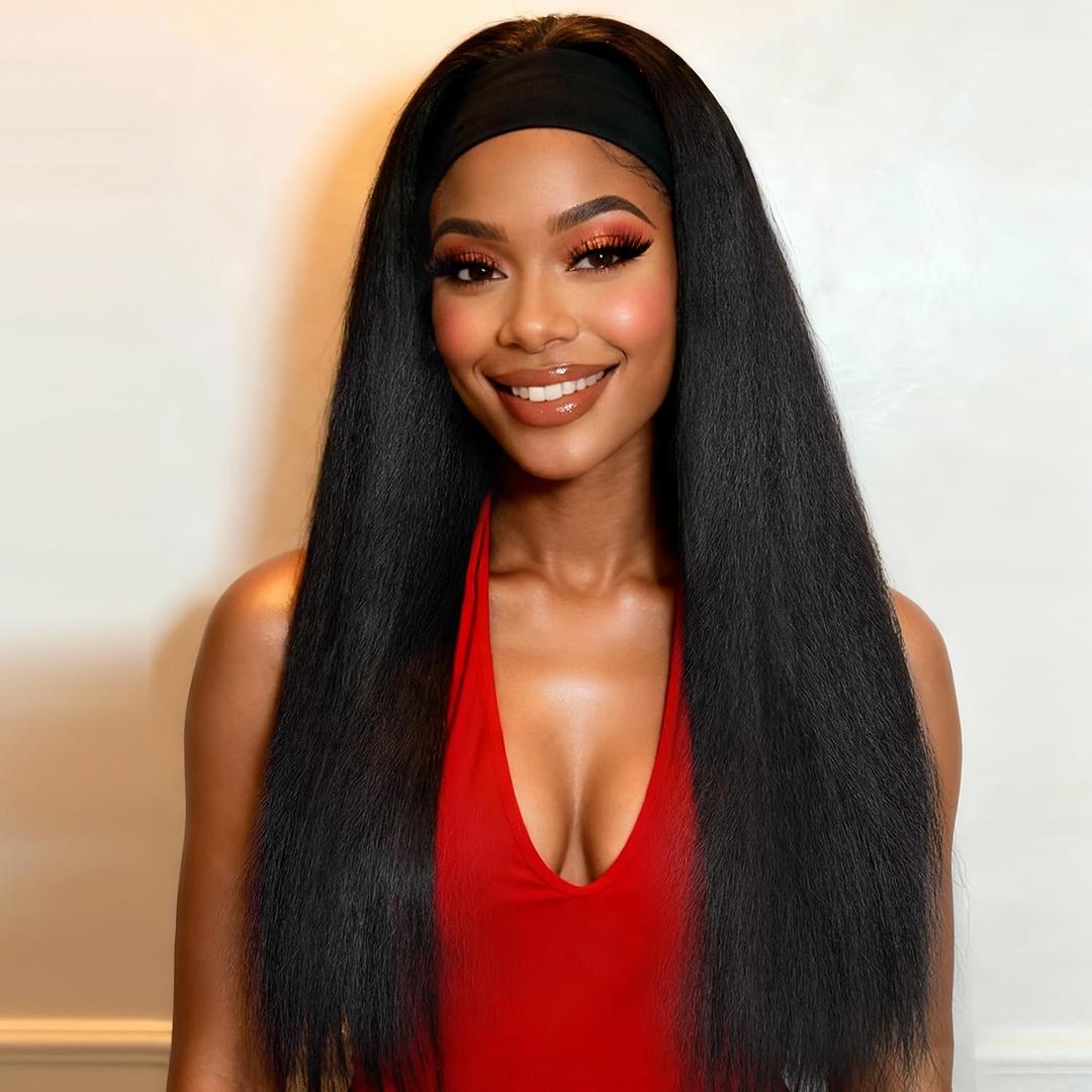 Woman's Romance Headband Wig For Black Women Kinky Straight Headband Wig Human Hair 180% Density Yaki Straight Headband Wigs Wear and Go Glueless Wig Human Hair Machine Made Natural Black (16in)