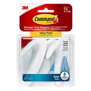 Command Bath Large Towel Hook Value Pack, Clear Frosted, 3-Large Hooks, 3-Water-Resistant Strips, Organize Damage-Free