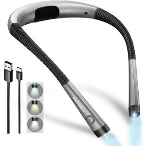 Glocusent Book Light, 3-Color & 6-Brightness Reading Light, Bendable Neck Light, 80-hr Lasting Rechargeable Book Light, Perfect Reading Lights for Books in Bed, Knitting, Repairing, Book Lovers Gifts (Standard-Medium, Gray)