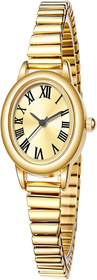 Women's Small Gold-Tone Watch - Vintage Oval Roman Numeral Dial, Quartz Movement, Stainless Steel Expansion Band, Water Resistant (2 Sizes) (5.91in-6.7in)