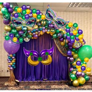 114 PCS Mardi Gras Party Decorations Green Purple Yellow Balloon Arch Large Sized Mask Moon Star Foil Balloons for Mardi Gras Birthday Baby Shower Masquerade New Orleans Party, 12 Inch, 5 Inch