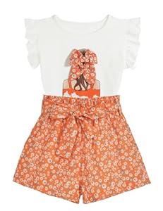 EuquixZeph Toddler Girls Clothes Cute Outfits For Girls Clothes Set Size 6-7 Sleeveless Print Bow T Shirts and Print Shorts Sets Waist Belted Orange Ditsy Floral For Spring Summer