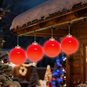 Lanpn 4 Pcs 6" Outdoor LED Ornament, Large Christmas Battery Powered Ball Lights, Xmas Tree Sphere Bulb Decor with Dark Sensor, Christmas Lighted Ornaments for Lawn Garden Yard Patio, Red