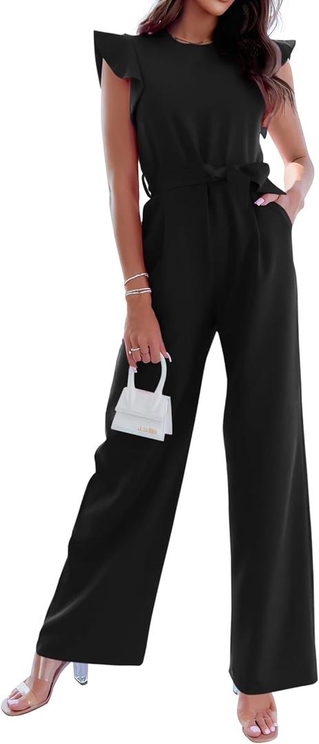 BTFBM Women Jumpsuits Crew Neck Ruffle Cap Sleeve Belted High Waist Wide Leg Romper with Pockets One Piece Casual Outfits (XX-Large, Black)