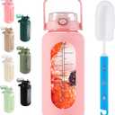 Glass Water Bottle with Straw and Handle Lid Half Gallon Motivational Glass Bottle with Silicone Sleeve and Time Marker Large Reusable Sports Water Jug for Gym Home Workout (64 Ounces, Pink)