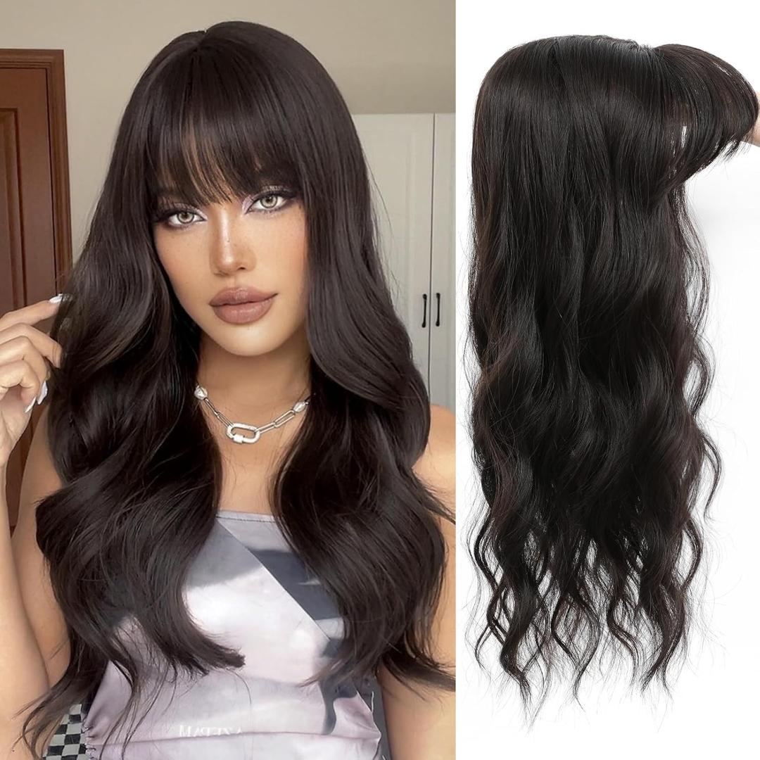 Rootoo Hair Toppers for Women, 20 Inch Toppers Hair pieces for Women with Thinning Hair Big Base Curly Wavy Wiglets Cover 360 3D French Clip in Bangs (Brown Black)