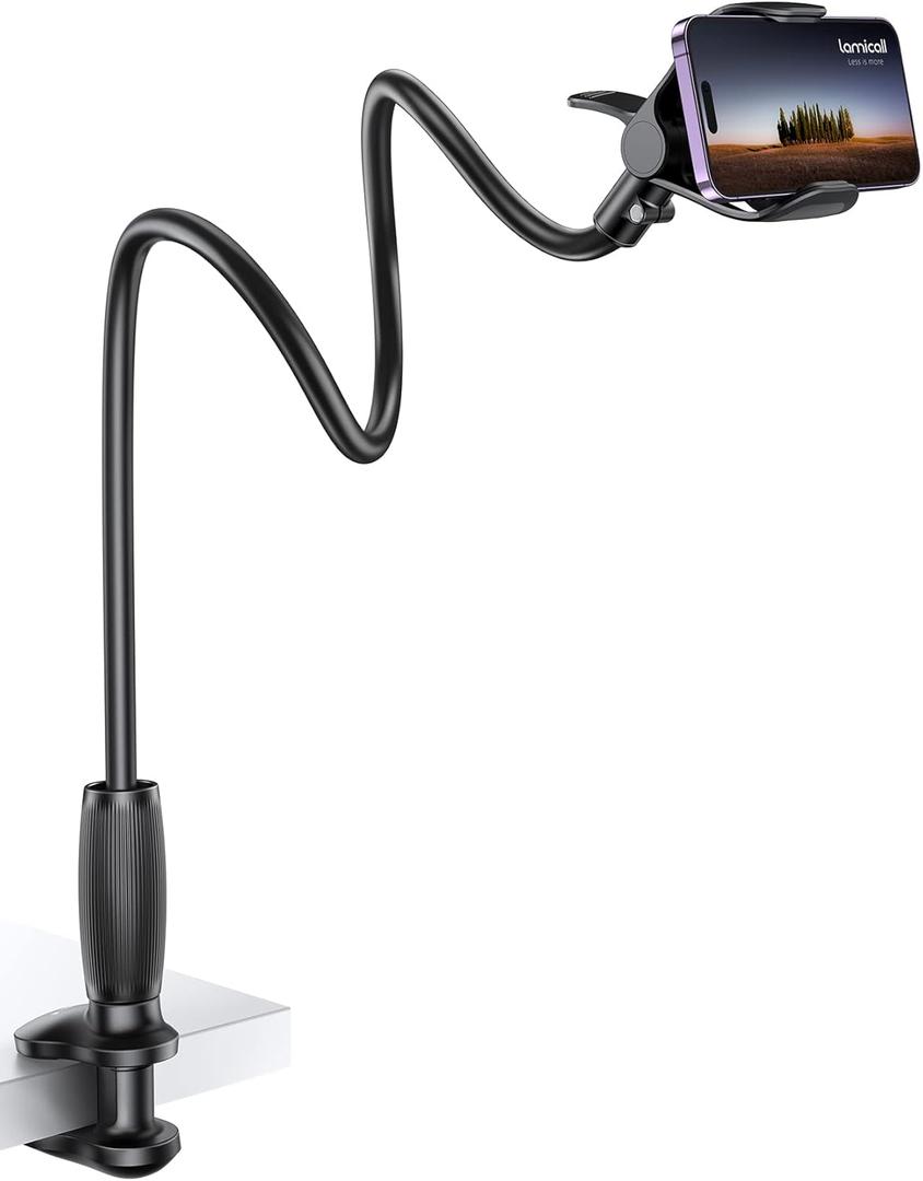 Lamicall Gooseneck Phone Holder for Bed - [Upgraded Stable Clip] for Desk, Headboard, Bed, Bedside, Table, Flexible Gooseneck Long Arm Stand, Overhead Cell Phone Clamp Mount, for All 4-7 Devices (black)