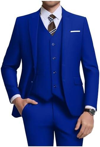ZKHOECR Men's 3 Piece Slim Fit Suit Set, Two Button Blazer Solid Jacket Vest Pants Wedding Business Suith M Royal Blue